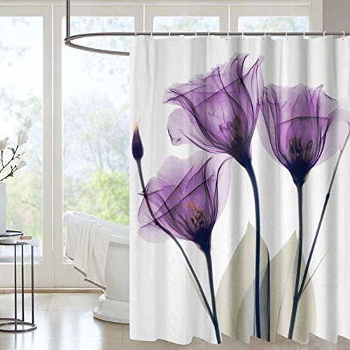 VWMYQ Purple Art Floral Fabric Shower Curtain with 12 HooksWaterproof Tulip Flower Bathroom Decor Polyester Bath Curtain 72 x 72 Inches