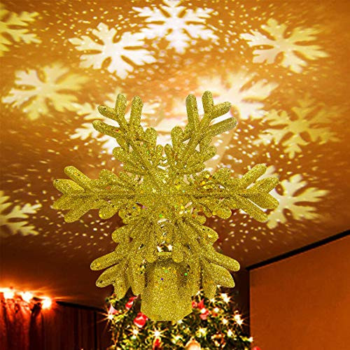 NIGHT-GRING Christmas Tree Topper Lighted Star Tree Topper with Rotating Snowflake Projector Lights 3D Glitter Hollow Snowflake Tree Topper for Christmas Tree Decorations  Gold