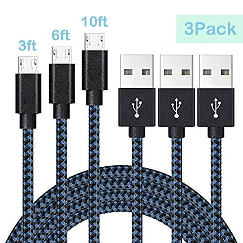 Micro USB Cable 3Pack 3FT 6FT 10FT Rongqx Nylon Braided Android Charging Line Micro USB Cable for Android/Motorola/Samsung/LG/Nokia/Sony and More (Blue)