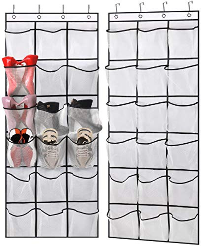 AOODA 2 Pack Over The Door Shoe Rack Hanging Shoe Organizer with 18 Extra Large Clear Mesh Pockets Shoe Holder Hanger for Closet Door White