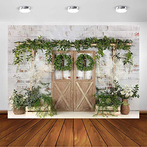 Avezano Spring Rustic Wood Door Backdrop for Photography Green Grass White Brick Wall Birthday Party Decoration Baby Kids Children Portrait Indoor Photoshoot Photographic Studio Background  7x5ft