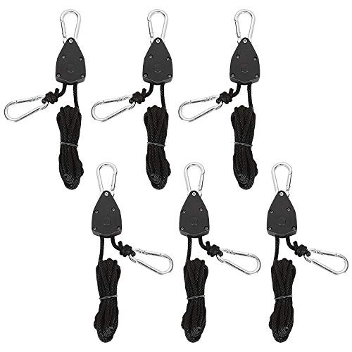 LANIAKEA 6Pcs Rope Ratchet 1 8 inch Adjustable Grow Light Rope Hanger 6.6 Ft Weight Capacity 150 Lbs Pair M5 Carabiner Heavy Duty Rope Hanger Ratchet Tie Downs Straps for Kayak Canoe Bow Stern