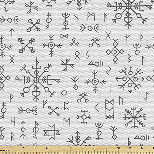 Ambesonne Nordic Fabric by The Yard Viking Runes and Talismans Scandinavian Symbols with The Futhark Alphabet Decorative Fabric for Upholstery and Home Accents 1 Yard Grey White