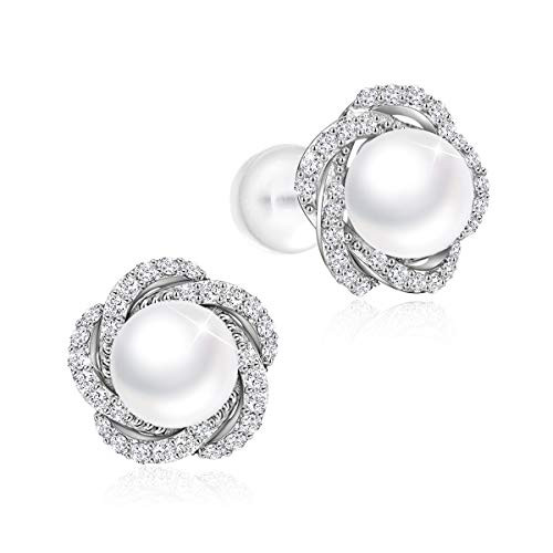 PEARLOVE Pearl Earrings for Women 6MM Pearl Stud Earrings 925 Sterling Silver CZ Stud Women s Gift With Box