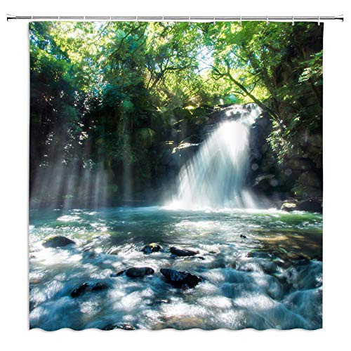 BOYIAN Forest Waterfall Shower Curtain Decor Rainforest Foggy Rocky Lake Sunlight Beam Through Woods Summer Scenery Green Fabric Bath Curtains Bathroom Polyester with Plastic Hooks 70x70 Inch