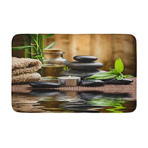Adowyee 20 inchx30 inch Bath Mat Green Ayurveda Zen Basalt Stones and Spa Oil Wood Cozy Bathroom Decor Bath Rug with Non Slip Backing