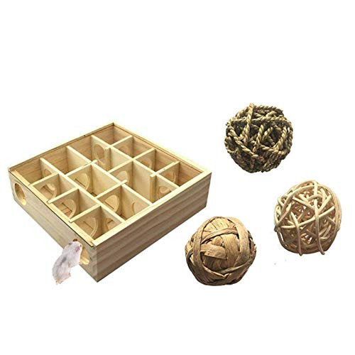 Tfwadmx Hamster House Maze Natural Wooden Hideout Tunnel Toy with Glass Cover and 3 Pack Small Animal Activity Play Chew Grass Ball Toys for Dwarf Hamster Rat Mouse Gerbil