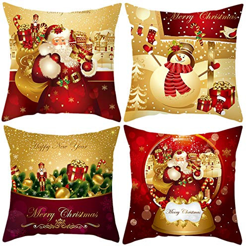 GLUDEAR Christmas Pillow Covers 18 x 18 Inches Set of 4 - Xmas Santa Claus Snowman Series Cushion Cover Case Pillow Custom Zippered Square Pillowcase