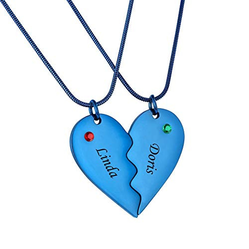 Personalized Engraved Stainless Steel Matching Heart Puzzle Pendant His and Hers Necklace Custom Couple Name Necklaces 2 Half Heart-Blue Personalized Engraved Stainless Steel Matching Heart Puzzle Pendant His and Hers Necklace Custom Couple Name Necklaces 2 Half Heart-Blue