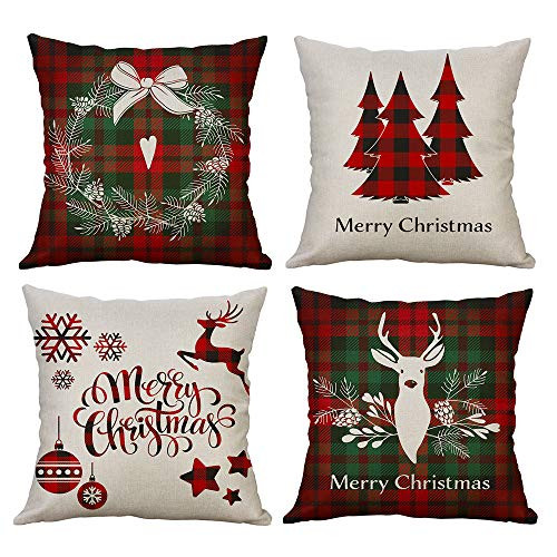 Christmas Throw Pillow Cover 18 x 18 Inch Winter Holiday Rustic Farmhouse Linen Cushion Case for Sofa Couch Set of 4 Christmas Throw Pillow Cover 18 x 18 Inch Winter Holiday Rustic Farmhouse Linen Cushion Case for Sofa Couch Set of 4