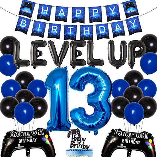 Video Game 13th Birthday Decorations for Boys Game on Birthday Party Supplies Blue Gaming Happy Birthday Banner Game Controller Balloon Number 13 Foil Balloon