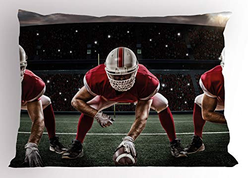 Lunarable Sports Pillow Sham Sports Team Players on Scrimmage Line Stadium Arena Tackle Touchdown Decorative Standard Queen Size Printed Pillowcase 30 inch X 20 inch Red White Olive Green