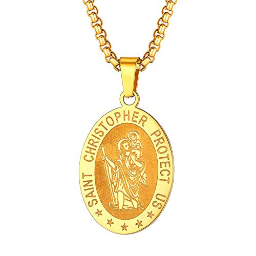 U7 Gold St Christopher Medal Necklace for Men 18K Gold Plated Religious Jewelry Oval Medallion Patron Saint Pewter Travel Pendant on 22 Inch Round Box Chain Blessing Gift