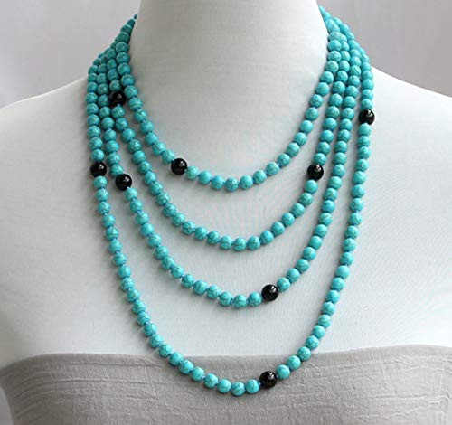 49 Inches Long Blue Turquoise Stone Beaded Natural Obsidian Necklace Turquoise Necklace Statement Necklace Sweater Necklace
