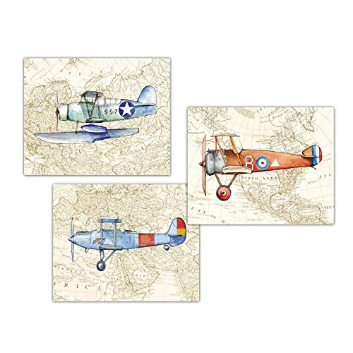 Vintage Airplane World Map Set 3 Prints Nursery decor