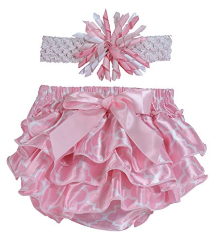 Stephan Baby Pink and White Satin Ruffled Diaper Cover and Curly Bow Headband 12-18 Months