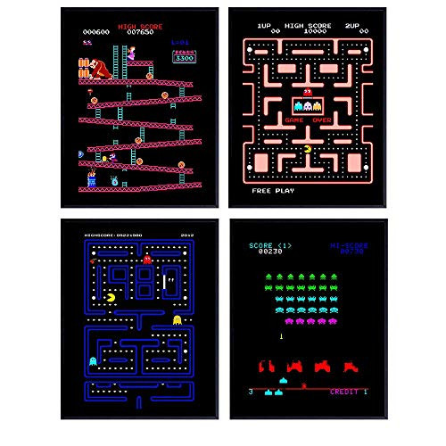 Classic Arcade Games - Arcade Decor - 8x10 Wall Art Prints Set for Man Cave Den Family Room Bar Bedroom - Gift for Gamers Video Game Atari Pacman Ms Pacman Donkey Kong Space Invaders Fans