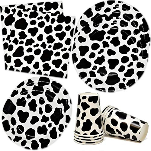 Cow Print Farm Animal Barn Party Supplies Set Includes 24 9 inch Paper Plates 24 7 inch Plate 24 9 Oz Cups 50 Lunch Napkin for Birthday Baby Shower Barnyard Cowboy Cowgirl Farmhouse Theme Disposable Tableware