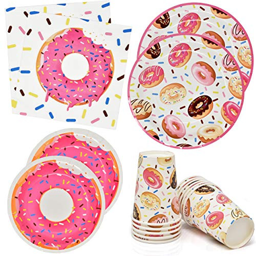 Donuts Party Supplies Tableware Set 24 9 inch Dinner Plates 24 7 inch Plate 24 9 Oz. Cups 50 Lunch Napkins Doughnut Sprinkles Themed Disposable Paper Goods for Girls  and  Boys Baby Shower  and  Birthday Party Decor