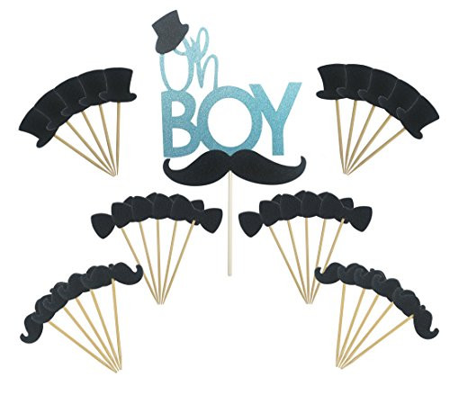 Maydolbone 31pcs Oh Boy Cake Topper Hat Mustache Bowtie Cupcake Toppers- birthday or baby shower Food Picks Decor And Cupcake Party Pick