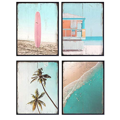 Vintage Ocean Wall Art Decor Set - 8x10 Nautical Beach House Themed Posters for Bathroom Bath Living Room Bedroom Office - Rustic Shabby Chic Gift - UNFRAMED Sea Surfing Home Decorations