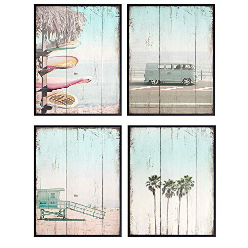 Rustic Beach House Wall Decor - Ocean Wall Art Home Decoration for Bathroom Bath Living Room Bedroom Office - Sea Summer Themed Nautical Gift for Surfer - 8x10 Vintage Shabby Chic Posters
