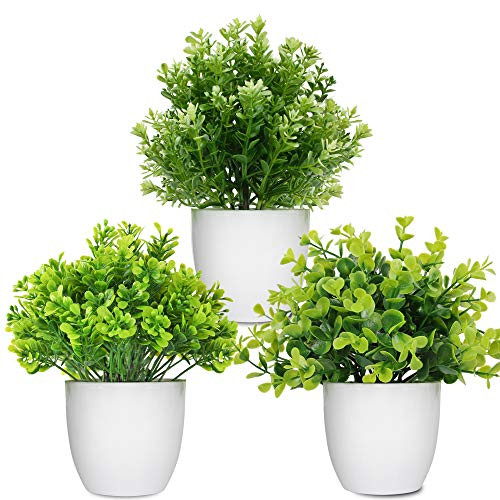 LELEE Artificial Potted Plants Fake Plants 3 Pack Mini Eucalyptus Potted Faux Decorative Grass Plant with White Pot for Home Decor Table Indoor Office Desk Wedding Decoration