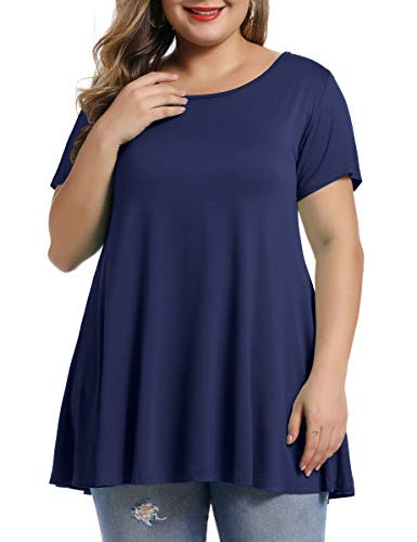 MONNURO Womens Short Sleeve Casual Loose Fit Flare Swing Tunic Tops Basic T-Shirt Plus Sizes Navy Blue 3X