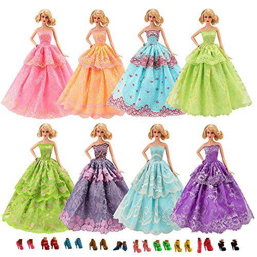 Barwa 3 Sets Princess Evening Party Clothes Wears Wedding Gown Dress with 5 Pair Shoes for Barbie Doll