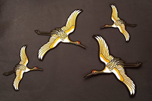 A Iron on Patches, One Pair (Set of 4) of Red-Crowned Crane, Iron on Patches, Embroidery Patterns, Patches for Jackets (Four Red-Crowned Crane, Black and Gold)