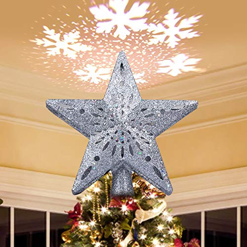 O-heart Christmas Tree Topper Lighted Star Tree Toppers with LED Rotating Snowflake Projector Lights 3D Hollow Silver Star Snow Tree Topper for Christmas Tree Decorations