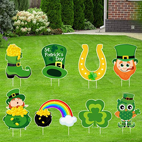 Lorvain 8PCS St. Patrick s Day Yard Signs Lawn Outdoor Decorations Shamrock Clover Leprechaun Yard Stake Signs Saint Patrick s Day Party Decorations