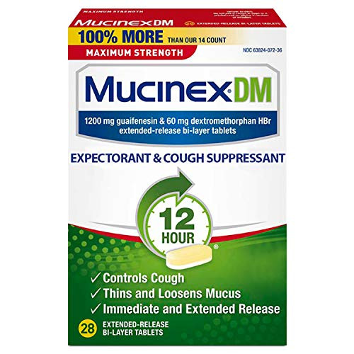 Cough Suppressant and Expectorant Mucinex DM Maximum Strength 12 Hour Tablets 28ct 1200 mg Guaifenesin Relieves Chest Congestion Quiets Wet and Dry Cough  1 Doctor Recommended OTC expectorant