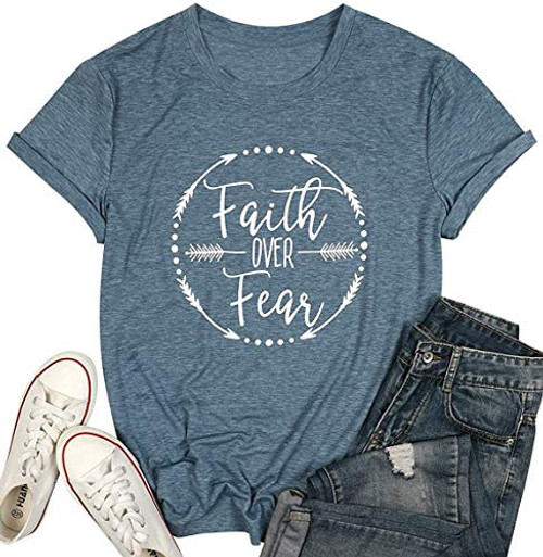 Qrupoad Womens Faith Over Fear V Neck T Shirt Summer Casual Christian Inspirational Graphic Tees Tops Light Blue