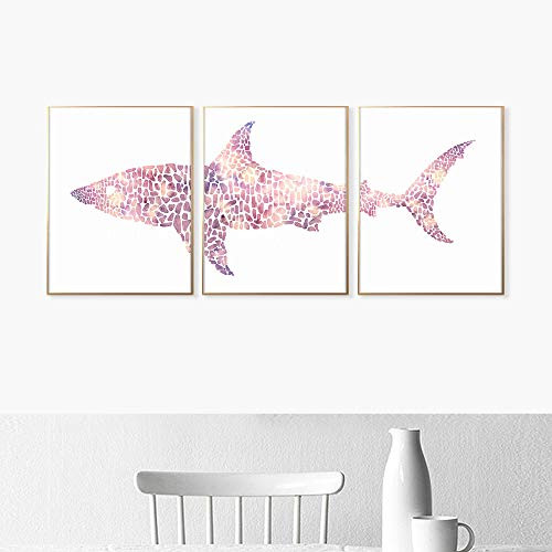 Great White Shark Art Print Nursery Decor Modern Nautical Artwork Triptych Wall Art Shark Decor Bedroom Art Print Set of 3 Prints 11x14 Inch Unframed