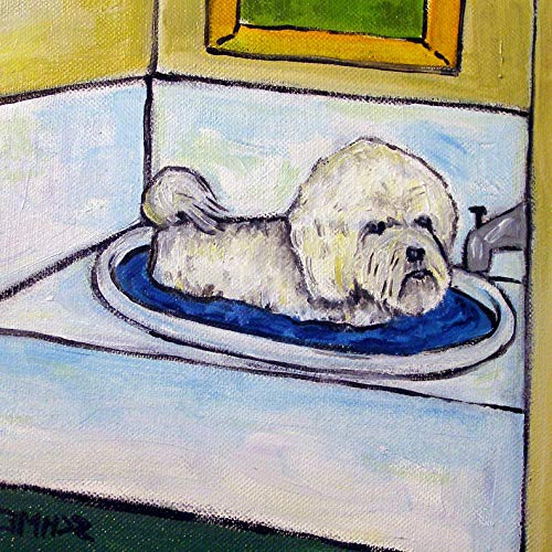 Bichon Frise taking a bath bather bathroom art tile coaster gift