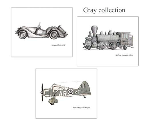 Vintage Train car plane decor Set of 3 gray prints Nursery transportation art