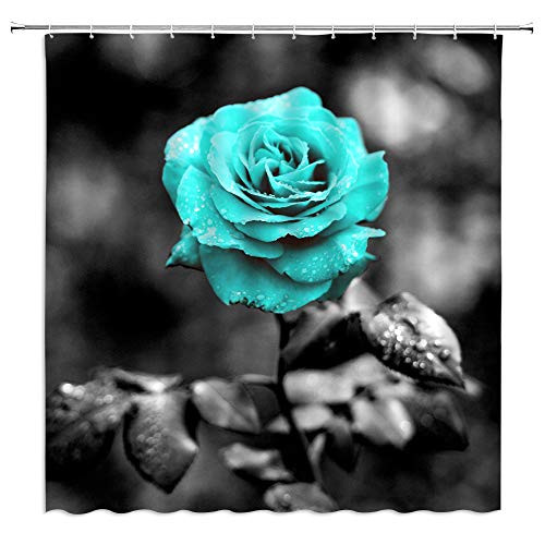 XZMAN Rose Shower Curtain Romantic Teal Blue Rose Flower Rustic Floral 3D Print Creative Teal Gray Home Bathroom Curtains Decor Quick Drying Polyester Fabric Set 70x70 Inches Include Hooks