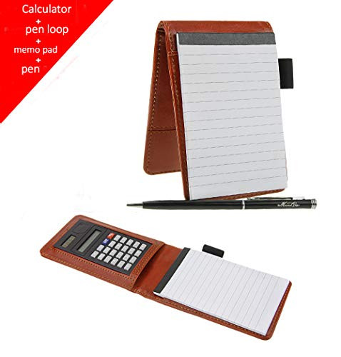 Leather Memo Book with Calculator A7 Pocket Notebook Cover Jotter Organizer Lined Memo Pad Holder Business Writing Pad 3.5-Inch X 5.5-Inch 30 Sheets Ruled Memo Scratch Pads with Pen