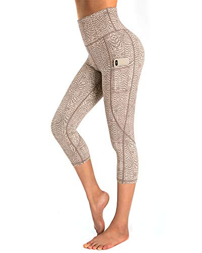 OUGES Womens High Waist Yoga Pants with Pockets Capri Workout Running Leggings Pattern01L