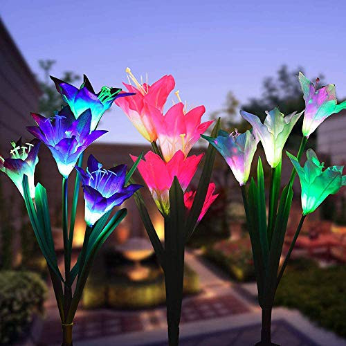 LED Solar Flower Garden Lights Outdoor Solar Garden Stake lights Decorative Solar lights Outdoor 3-Pack Fairy Lily for Thanksgiving Day Christmas Patio Lawn Yard Landscape Pathway Walkway Backyard