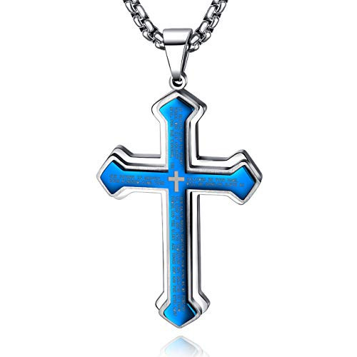 OLEVS Blue Mens Cross Pendant Necklace Large Stainless Steel Cross Pendant Necklace for Men