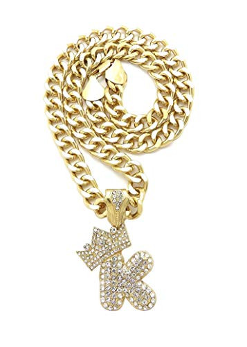 BLINGFACTORY Hip Hop Gold PT Iced Alphabet Bubble Letter Crowned K Pendant  and  18 inch Cuban Choker Chain Bling Necklace
