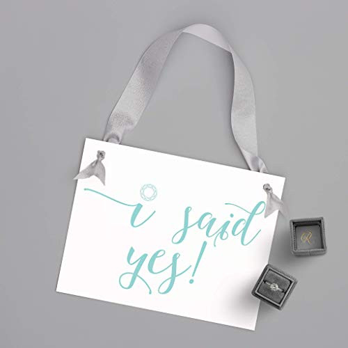 I Said Yes Sign   Engagement Announcement Banner   Modern Script Font with Diamond Graphic   White Paper With Aqua Blue Ink  and  Silver Ribbon