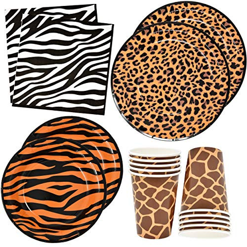 Jungle Safari Zoo Animal Print Party Supplies Set 30 9 inch Paper Plates 30 7 inch Plate 30 9 Oz Cups and 60 Lunch Napkins for Leopard Tiger Giraffe Zebra Forest Animals Baby Shower Birthday Theme Decorations