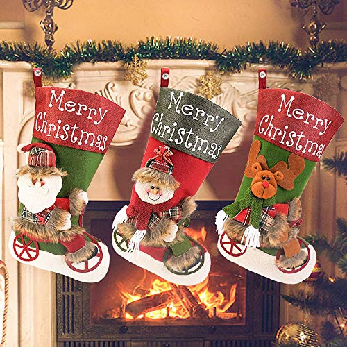 Seniny Christmas Stockings Personalized 3 Pack 18 inch Large Christmas Stocking Set Xmas Stockings with 3D Santa Snowman Reindeer for Family Holiday Christmas Party Decorations