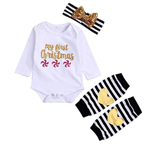 Shan-S Newborn Clothes Infant Baby Girls My 1st Christmas Long Sleeve Letter Jumpsuit Romper  plus Striped Leg Warmers plusHeadbands