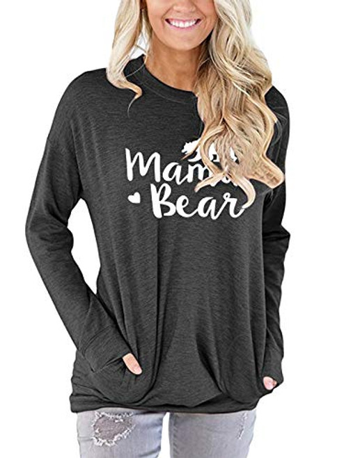 onlypuff Long Sleeve Pocket T Shirts for Women Mama Bear Tops Solid Dark Gray L