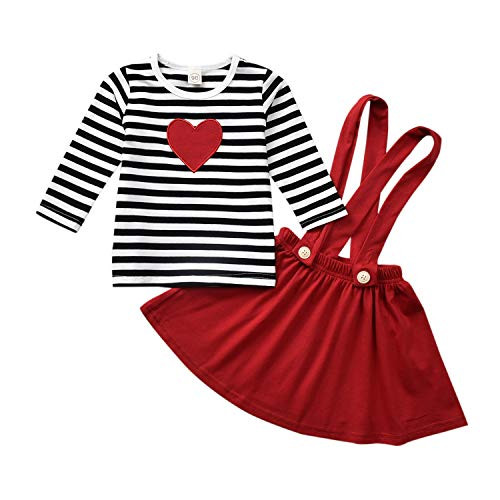 Toddler Baby Girls Valentines Day Outfits Suspender Skirt Striped Plaid Love Heart Clothes  Maroon 6-12 Months