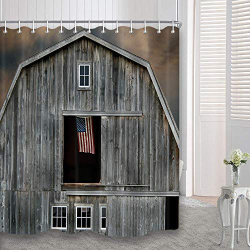 DYNH Rustic Farmhouse Shower Curtain American Flag Flying in Window of Wooden House Shower Curtain for Bathroom Waterproof Polyester Fabric Cabin Bath Curtains Accessories 12PCS Hooks 69X70IN